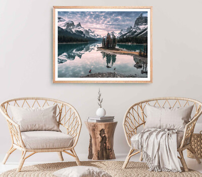 Mountain Print, River Wall Art, Cloudy Sky Framed Nature Wall Art, Natural