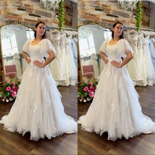 Romantic Boho Wedding Dresses with Square Neck Puff Short Sleeve Bridal Gowns