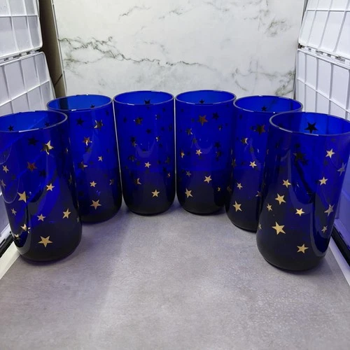 Libbey Celestial Dreams Cobalt Blue Tall Glasses Set 6 Star