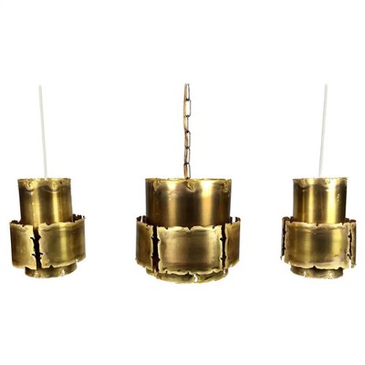 Set of 3 Brutalist Brass Pendant Lights | Sculptural Vintage Hanging Lamps