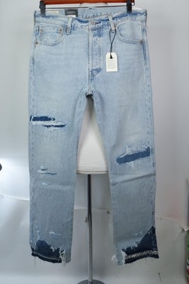 Levis 501 Original Jeans Mens 34x32 Blue Patchwork Distressed Denim