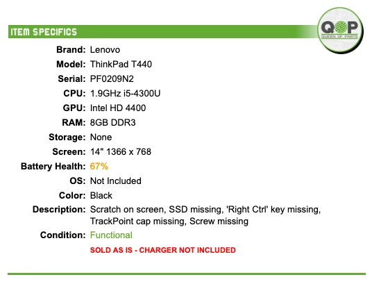 Lenovo ThinkPad T440 - 14" HD, 1.9GHz i5, 8GB DDR3 RAM, NO SSD - Image 2 of 4