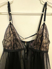 Victoria's Secret Black Sheer Floral Lace Mesh V-Neck Babydoll Lingerie S