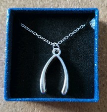 Shiny Wishbone Pendant Necklace. 925  Silver Plated. Boxed Gift Idea