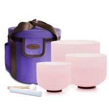 3pcs Pink 8"G 10"E 12"C Frosted Quartz Crystal Singing Bowl Chakra Set with Bag