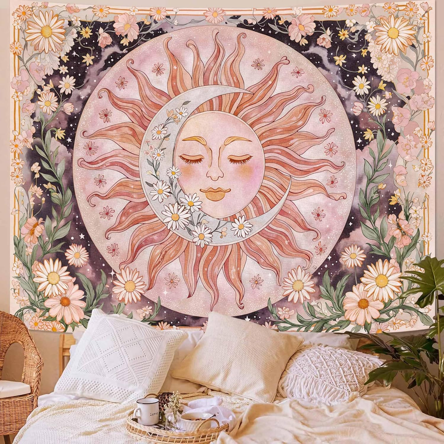 Sun Moon Daisy Tapestry, Boho Aesthetic Floral Wall Art, Pink Hippie Decor for L