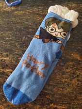 HARRY POTTER Broomstick SLIPPER SOCKS Blue ADULT Gripper SHERPA New