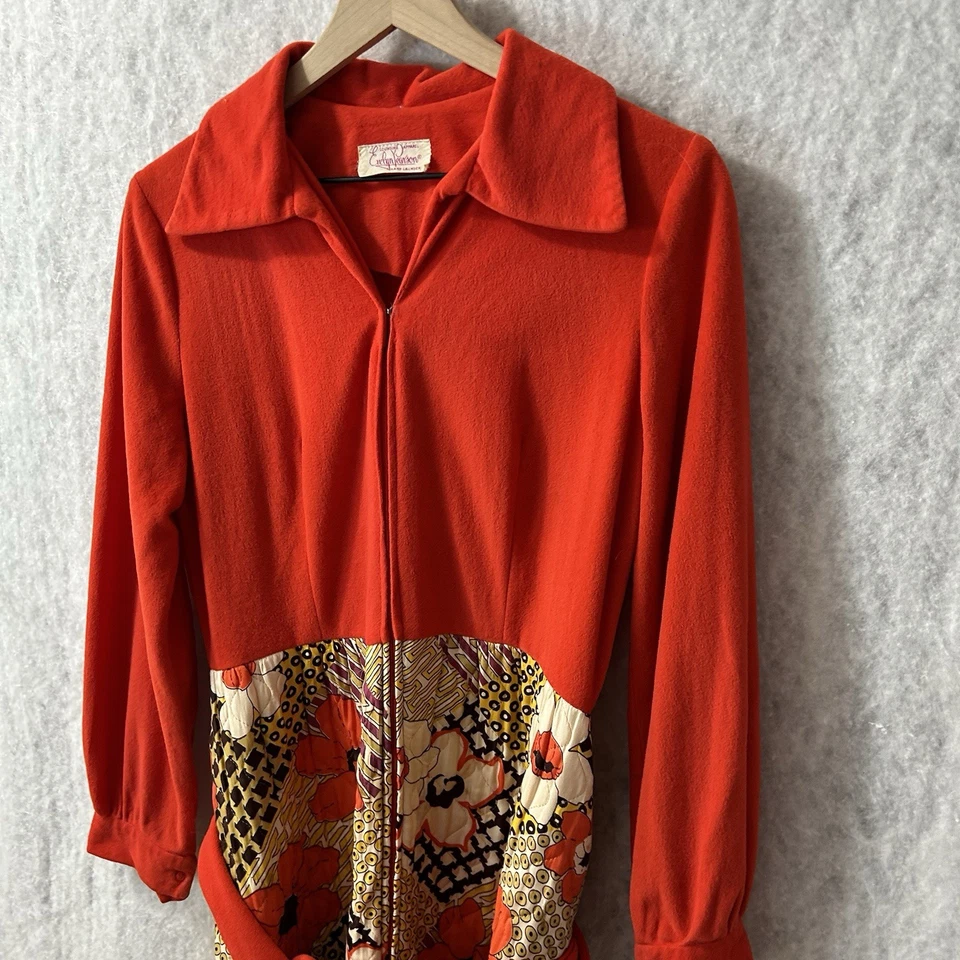 Vtg 1960s Evelyn Pearson Hostess Dress Orange Floral MOD MCM W/Flaw Lounge Gown - Image 4 of 4