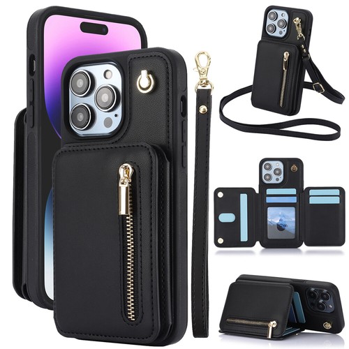 Leather Card Wallet Case Crossbody Wrist Strap For iPhone 16 Plus 16 Pro 15 Pro - Picture 15 of 77