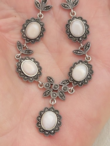 Edwardian/Victorian Style Sterling/Marcasite/ Angel Skin Coral Station Necklace - Picture 5 of 12