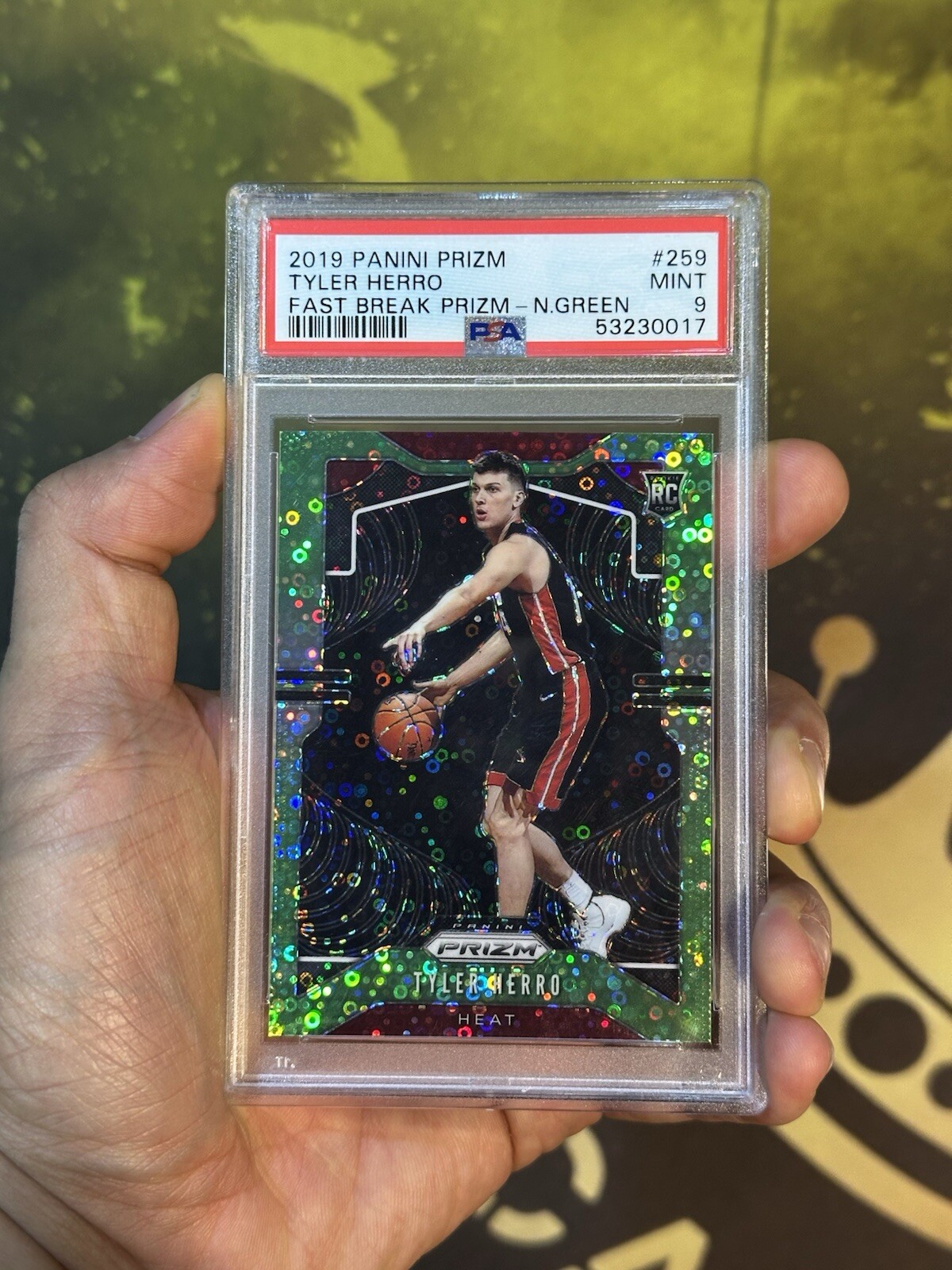 2019-20 Panini Prizm Neon Green Fast Break /5 Tyler Herro Rookie RC PSA 9