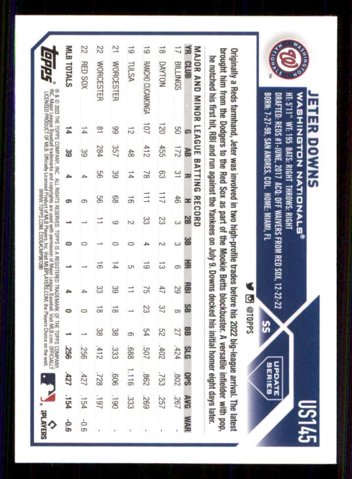 2023 Topps Update #US145 Jeter Downs RC - Image 2 of 2