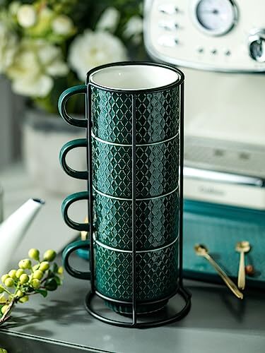 Coffee Mug Set Porcelain Stackable Coffee Mugs with Stand and Spoons 13 OZ. C... - Picture 5 of 9