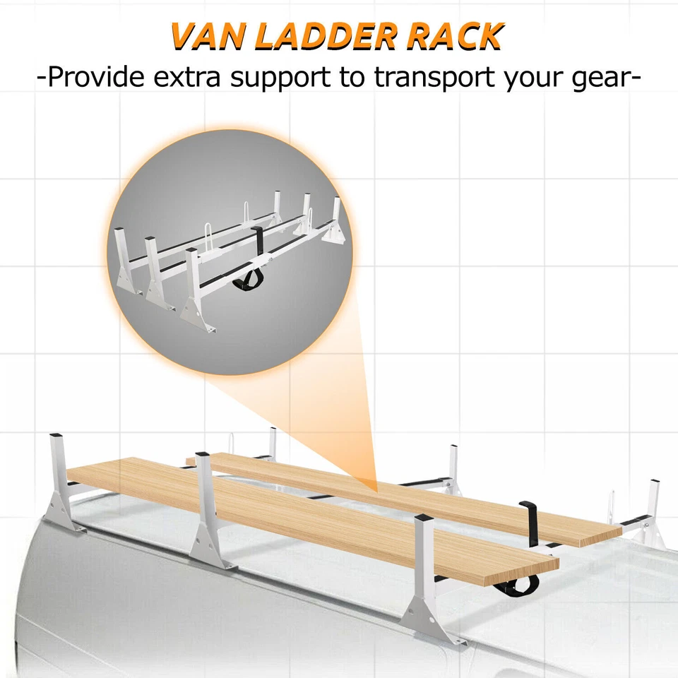 Fullsize Van 3 Bars Ladder Roof Rack For Chevy Express Ford E-150 E-250 1996-On Foto 3 de 4