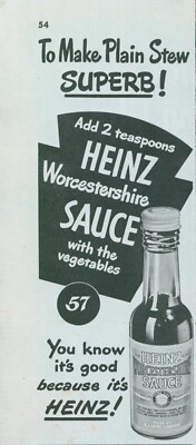 1948 Heinz Worcestershire Sauce Add To Vegetables Make Stew Superb Print Ad C20