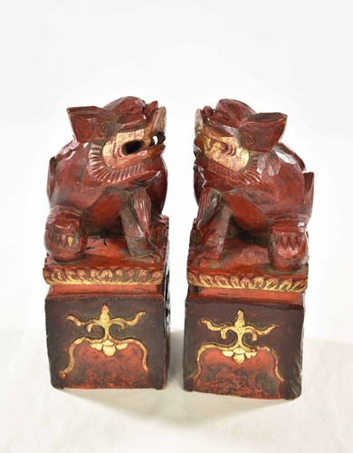 Pair Antique Chinese Red Gilt Wood Carved Statue of Animal Fu / Foo Dog / Lion - Picture 5 of 8