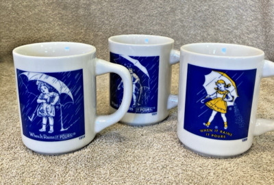 Set of 3 Vintage Morton Salt Coffee Mugs 1914 1956 1921  When It Rains It Pours 
