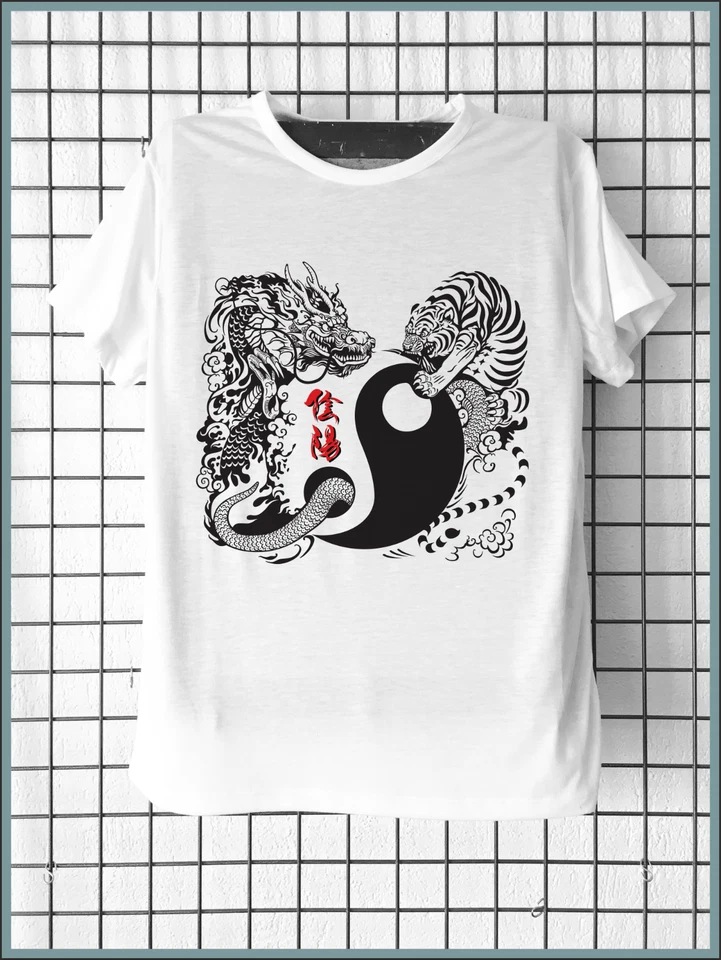 Tee-shirt Yin et Yang Tigre Dragon Manga Animé Tatouage Calligraphie Japonaise - Photo 1/4