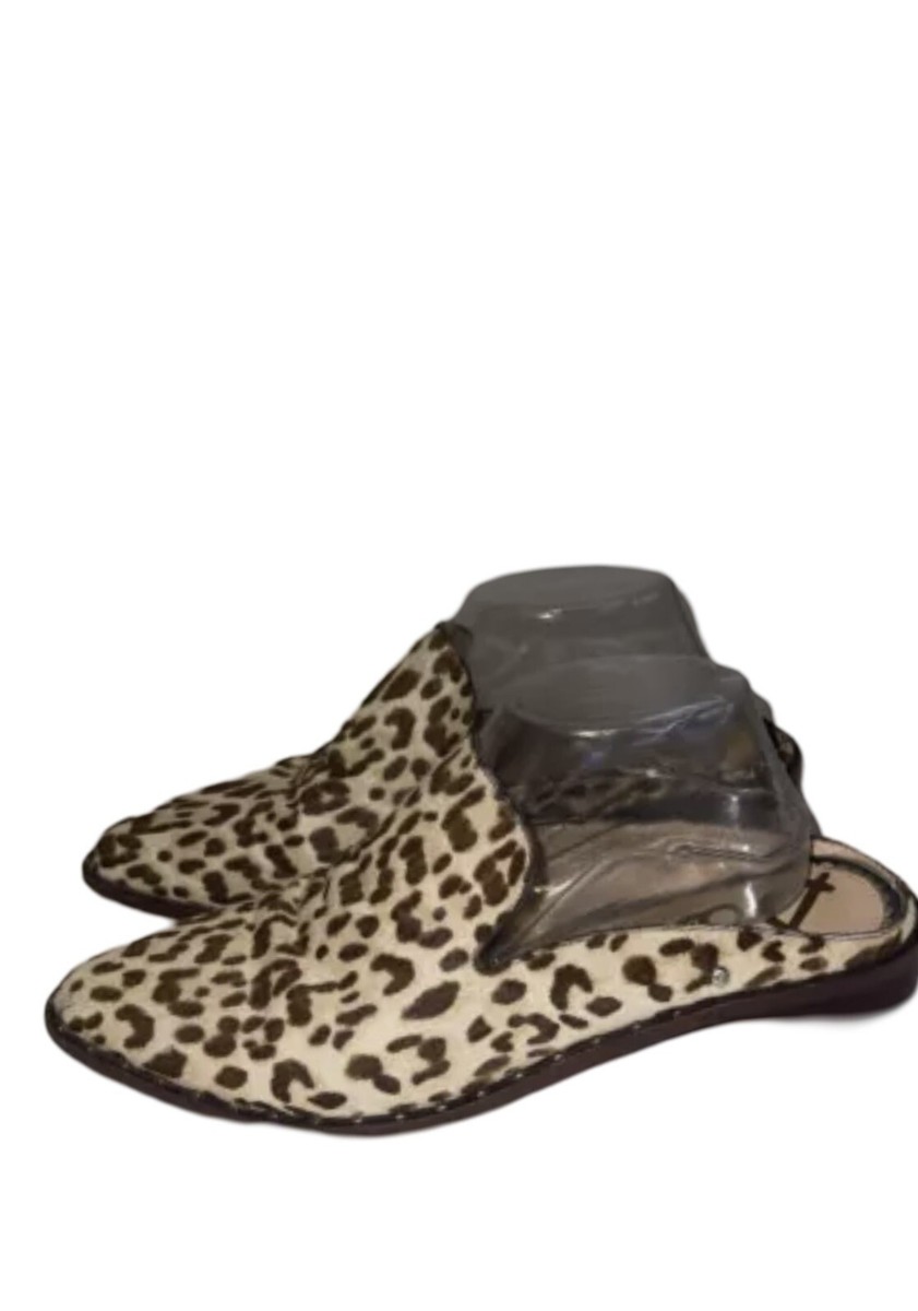 SAM EDELMAN Lewellyn Tan Brown Leather Leopard Print Mules