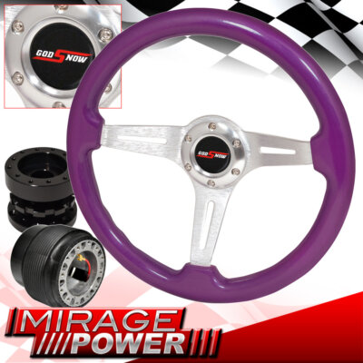 Black Hub Extender + Purple Wood Silver Center Steering Wheel For 89-05 Eclipse