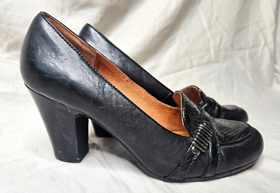 Sofft Pumps Heels Womens 10 Black Leather Round Toe Loafer Snake Skin Slip On
