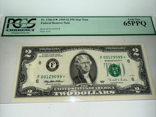 PCGS F. 1936-F 1995 $2 FW Star Note Federal Reserve Note 65 PPQ Gem New