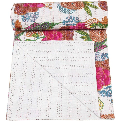 Fruit print handmade jaipuri dye kantha stitched throw blanket coverlet bedcover - Picture 4 of 30