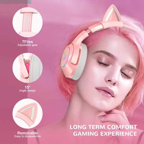Cat Ears RGB Gaming Headset Headphones for PS5 PS4 Xbox One Girls Pink
