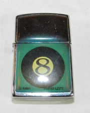Silver Tone Kalan  Lighter with image of an Eight Ball