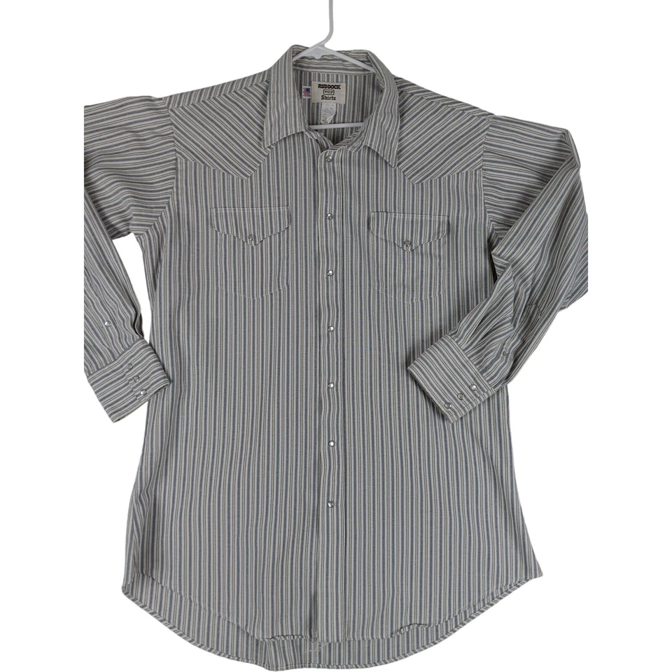 Vtg Ruddock Western Shirt Mens 18X36 Cream/Gray Striped Long Tail Pearl Snap - Image 2 of 4