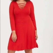 Torrid Red Long Sleeve Sweater Dress Size 4X Lattice Top Skater Fit &Flare NWT