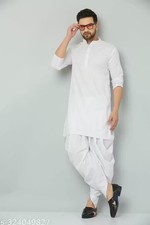 Elegant Cotton Blend Kurta Dhoti Pant Set For Men's White kurta set