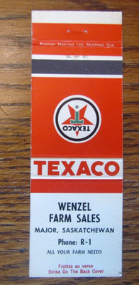 WENZEL FARM TEXACO GAS STATION MATCHBOOK COVER: MAJOR, SK c1966 MATCHCOVER -M24