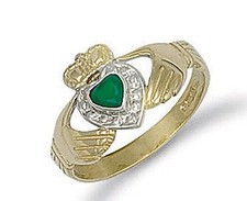 9ct Yellow Gold Claddagh Ring Green Agate Friendship Love Promise Full Hallmark