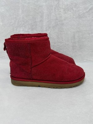 UGG Classic Mini Ankle Boots Red Suede Shearling Lined Winter Size 8