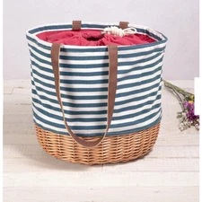 Picnic Time Coronado Canvas and Willow Basket Tote Navy Blue White Striped 