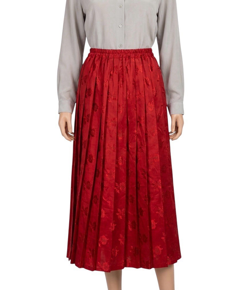 Vintage Skirt 80s Lower Calf Length Red Pleated Satin Patterned Retro Boho 6 - 8