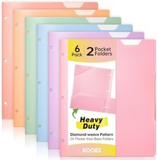 6 Pack 2-Pocket Folders Heavy Duty, Plastic Folders with Pockets 3 Hole Punched,