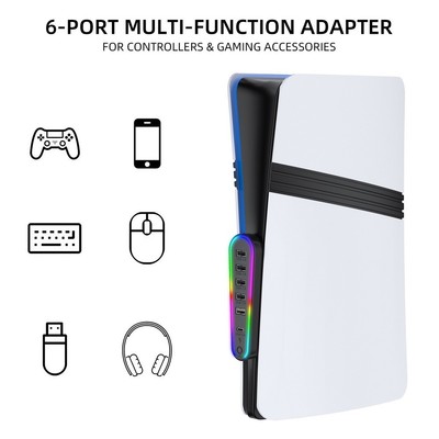 Stylischer 6 Port USB Hub für PS5 Pro/Slim mit RGB Licht für Gaming Zubehör