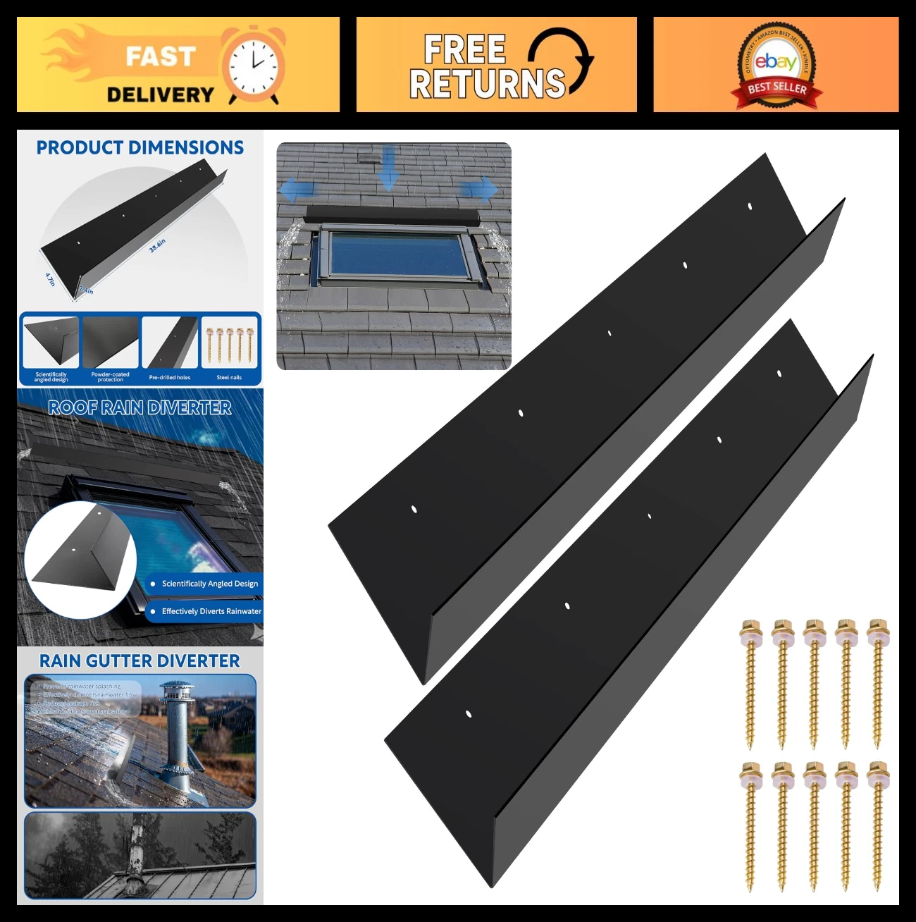 2 Pack Roof Rain Diverter - 3.2ft Gutter Diverter for Shingles, Vents & Doorways