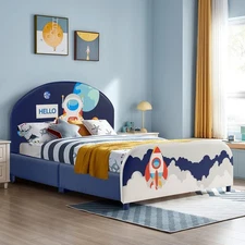 Kids Upholstered Platform Bed Children Twin Size Wooden Bed Astronaut Pattern