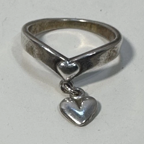 Vintage Sterling Silver Heart Dangle Ring Size 3.75 Charm Ring Romantic 2.16g