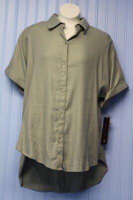 Gloria Vanderbilt muted green woven button front cap sleeve ltwt shirt  S NWT