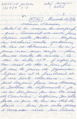 JACQUES MESRINE - lettre autographe signée - amour - Affaire RANUCCI 1976 - Afbeelding 1 van 3