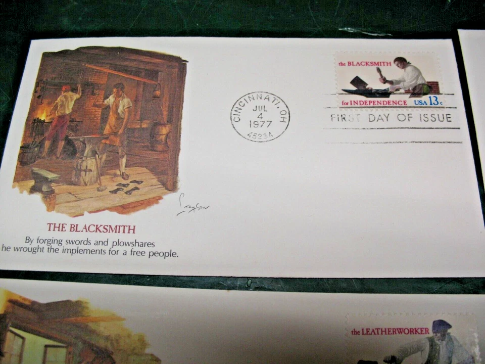 FIRST DAY OF ISSUE STAMPS WHEELWRIGHT BLACKSMITH LEATHERWORKER SEAMSTRESS 1977 - Image 2 of 4