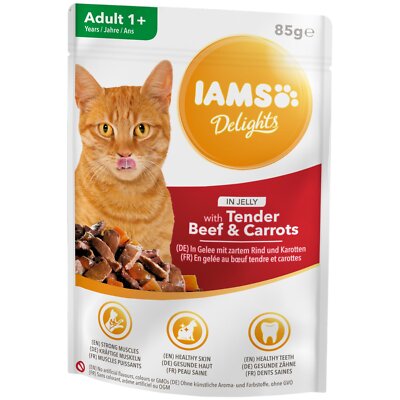 IAMS Delights Rind & Karotten in Gelee 24 x 85g Katzen Alleinfuttermittel Nassf.