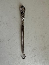 Antique Sterling Silver Handle Small Button Hook w/ Heart  Flower