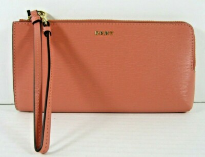 DKNY Wallet Convertible Wristlet Coral Leather Bryant Organizer Zip Gold Logo