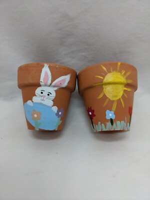 Set Of (2) Hand Painted Easter Bunny Spring 2.5'' Planters