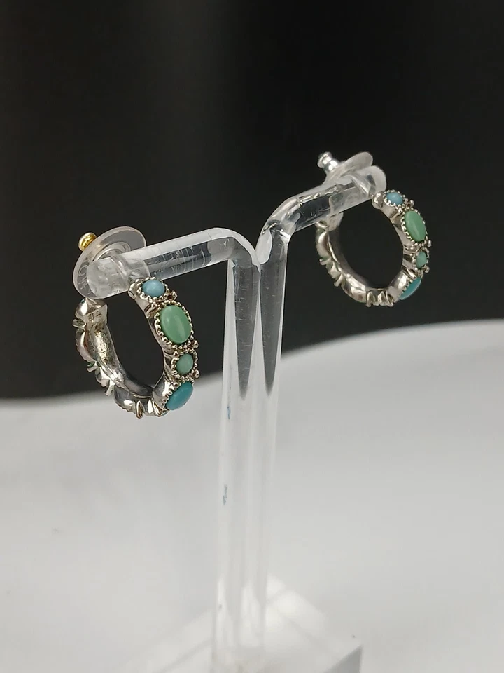 Ralph Lauren Silvertone Azul y Verde Imitación Turquesa Piedras Post Aro Pendientes Foto 2 de 4